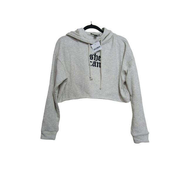 Forever 21 "She Can" Cream Crop Fleece Hooded Sweatshirt Womens sz S Boho Goth - Picture 1 of 7